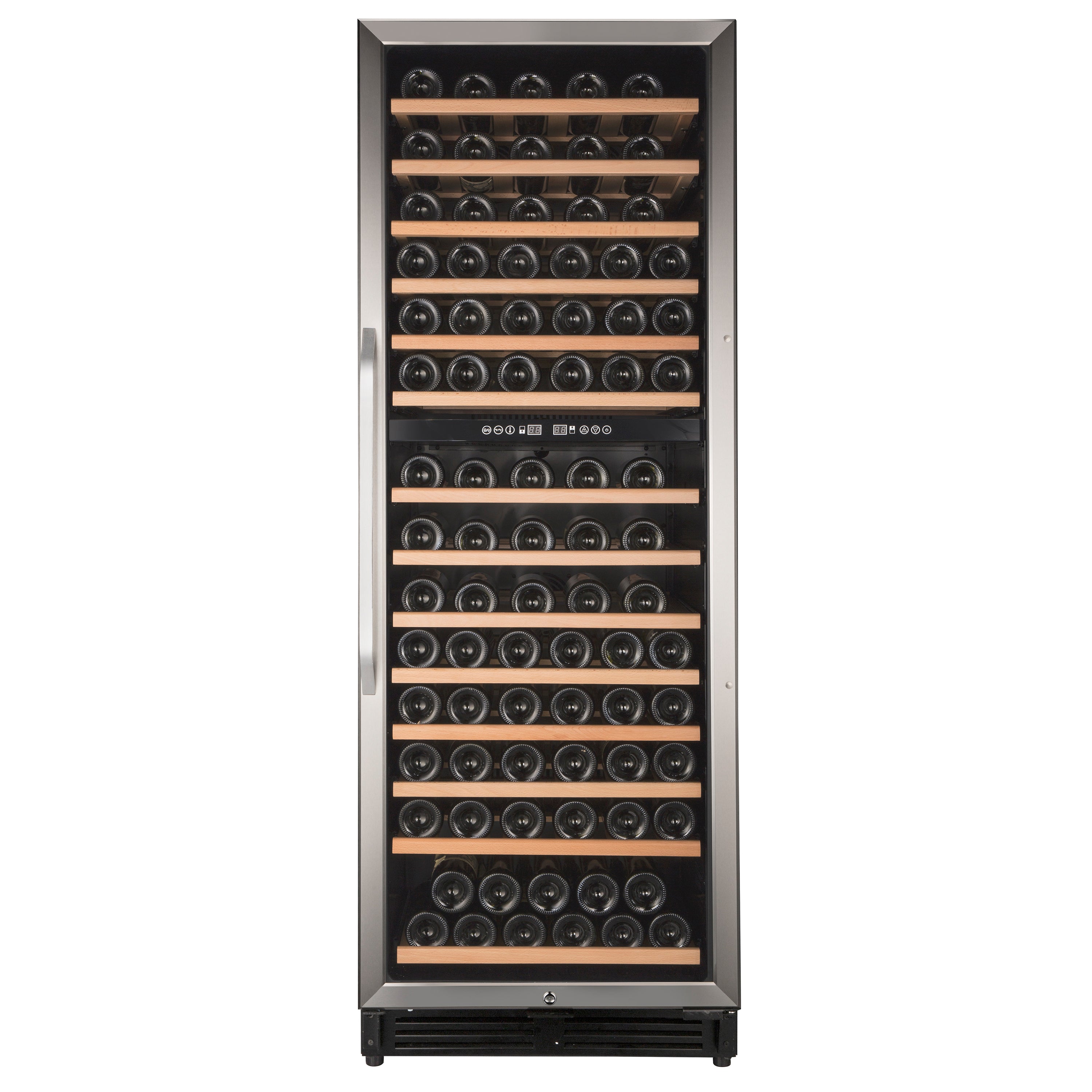 Avanti Dual-Zone Wine Cooler, 148 Bottle Capacity, in Stainless Steel with Wood Accent Shelving (WCF148DE3S)