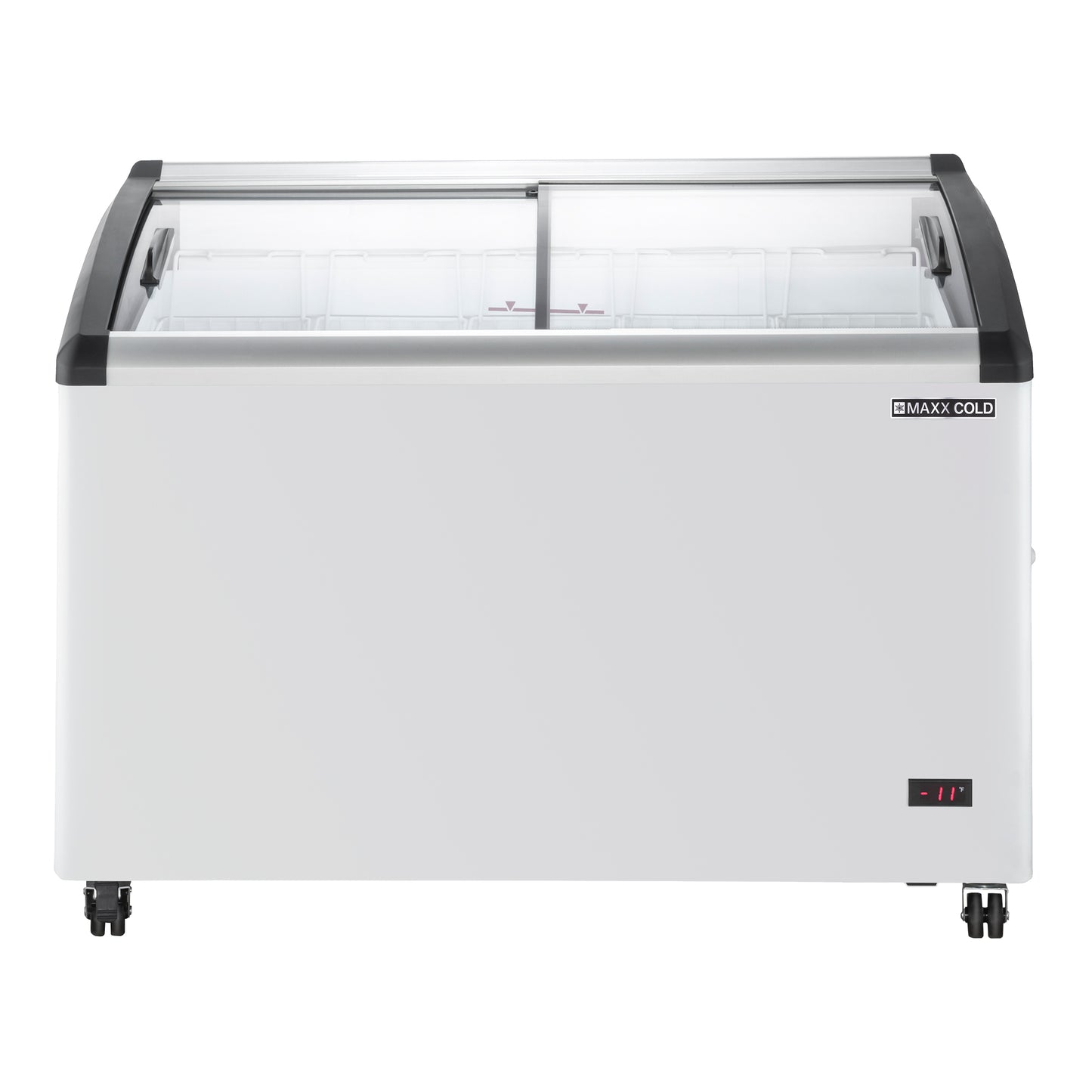 Maxx Cold X-Series Curved Glass Top Mobile Ice Cream Display Freezer, 47.4"W, 8.62 cu. ft. Storage Capacity, in White (MXF48CHC-5)