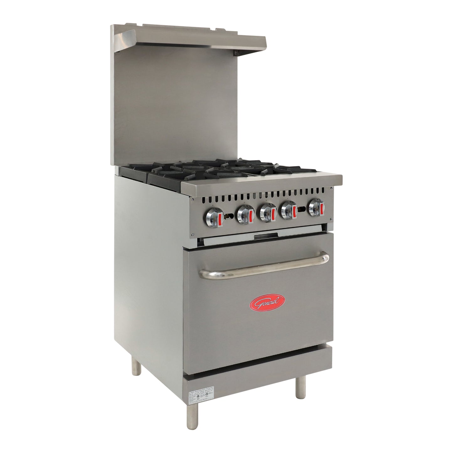 General Foodservice Gas Range with Oven, 4 Burners, 120,000 BTU, 24", in Stainless Steel (GR4-24LP)