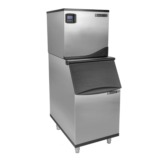 Maxx Ice Intelligent Series Modular Ice Machine, 22"W, 373 lbs, Full Dice Ice Cubes, and Storage Bin, 22"W, 310 lbs, in Stainless Steel (MIM360N-B310)