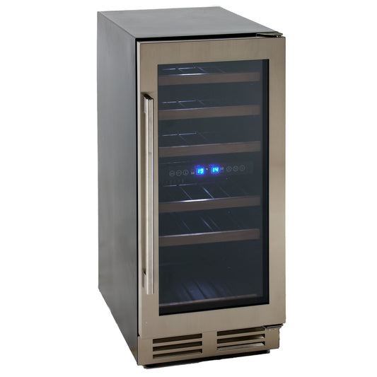 Avanti DESIGNER Series Dual-Zone Wine Cooler, 28 Bottle Capacity, in Stainless Steel with Wood Accent Shelving (WCF282E3SD)