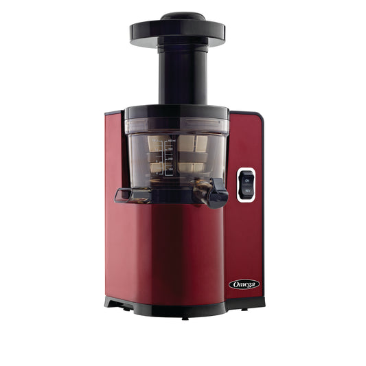 Omega Cold Press Masticating Vegetable and Fruit Extractor, Vertical Low-Speed Juicer, in Red (VSJ843QR)