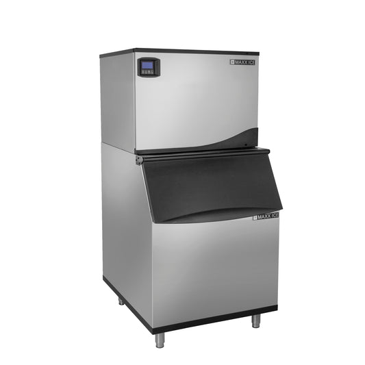 Maxx Ice Intelligent Series Modular Ice Machine, 30"W, 361 lbs, Half Dice Ice Cubes, and Storage Bin, 30"W, 470 lbs, in Stainless Steel (MIM370NH-B470)