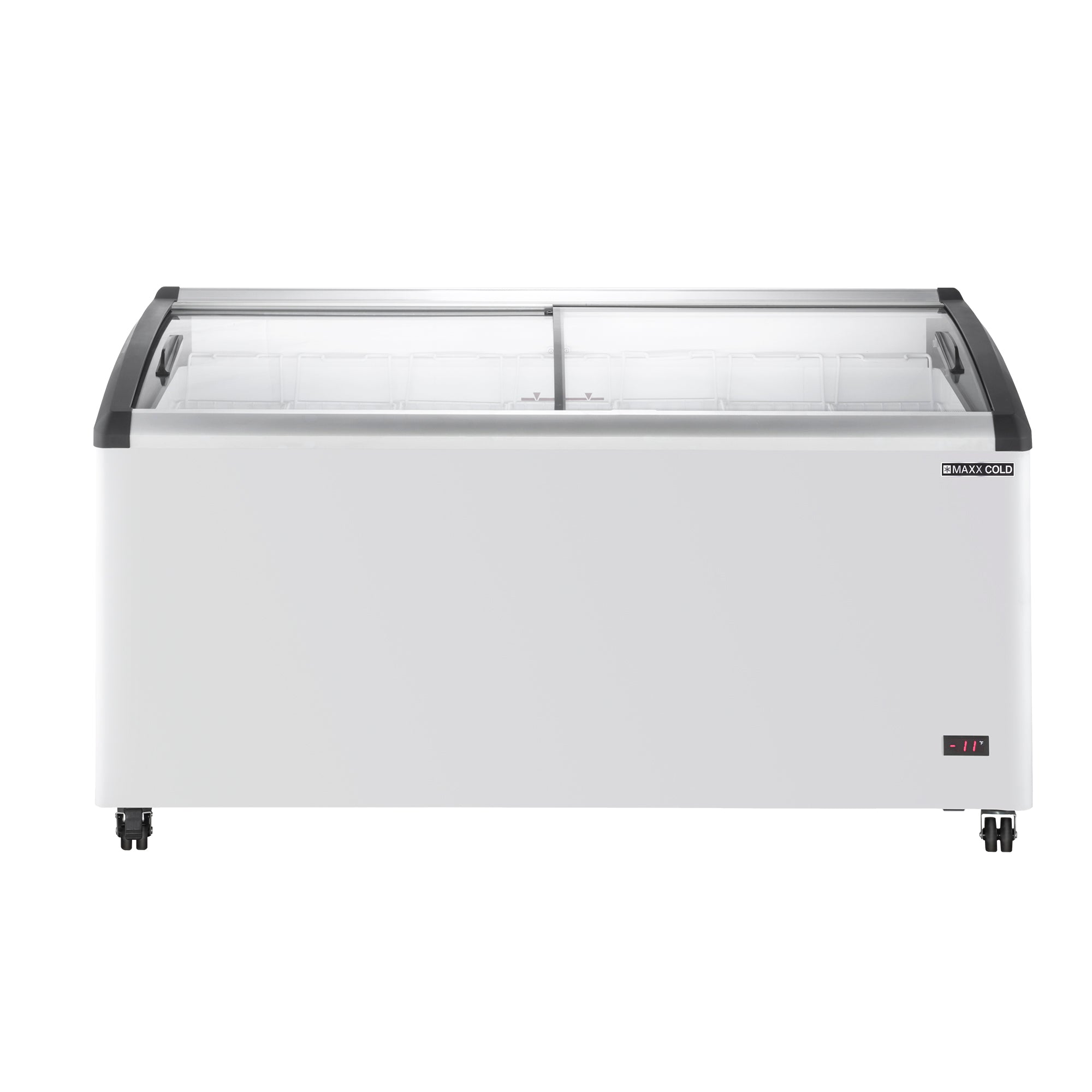 Maxx Cold X-Series Curved Glass Top Mobile Ice Cream Display Freezer, 63.4"W, 12.36 cu. ft. Storage Capacity, in White (MXF64CHC-7)