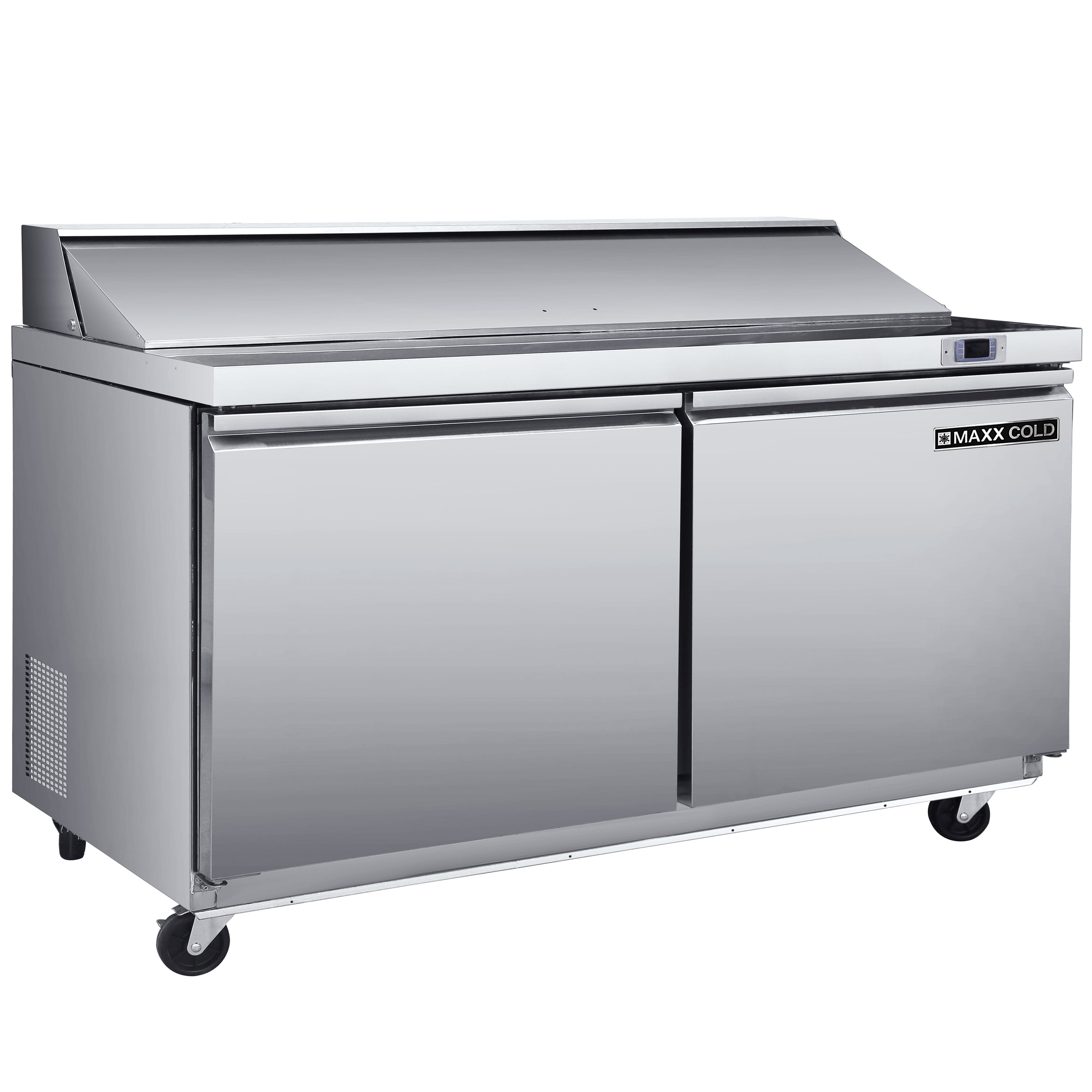 Maxx Cold Two-Door Refrigerated Sandwich and Salad Prep Station, 61.2"W, 17.83 cu. ft. Storage Capacity, Equipped with (8) 4" Deep Pans and Cutting Board, in Stainless-Steel (MXSR60SHC)