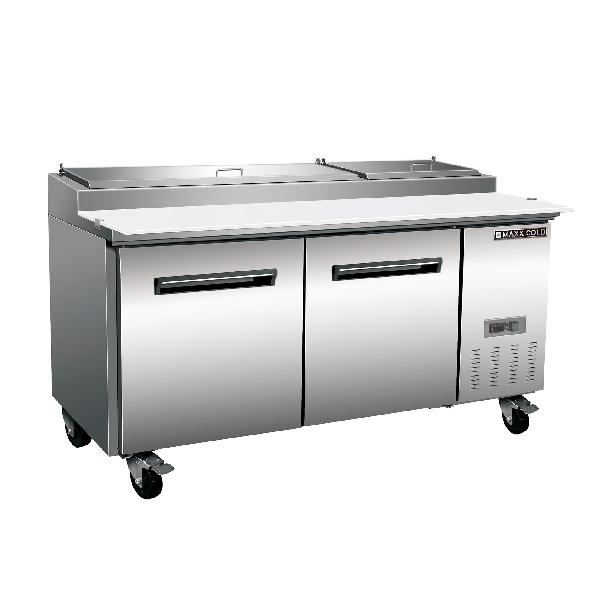 Maxx Cold X-Series Two-Door Refrigerated Pizza Prep Table, 70.8"W, 22 cu. ft. Storage Capacity, Equipped with (9) 4" Deep Pans and Cutting Board, in Stainless Steel (MXCPP70HC)