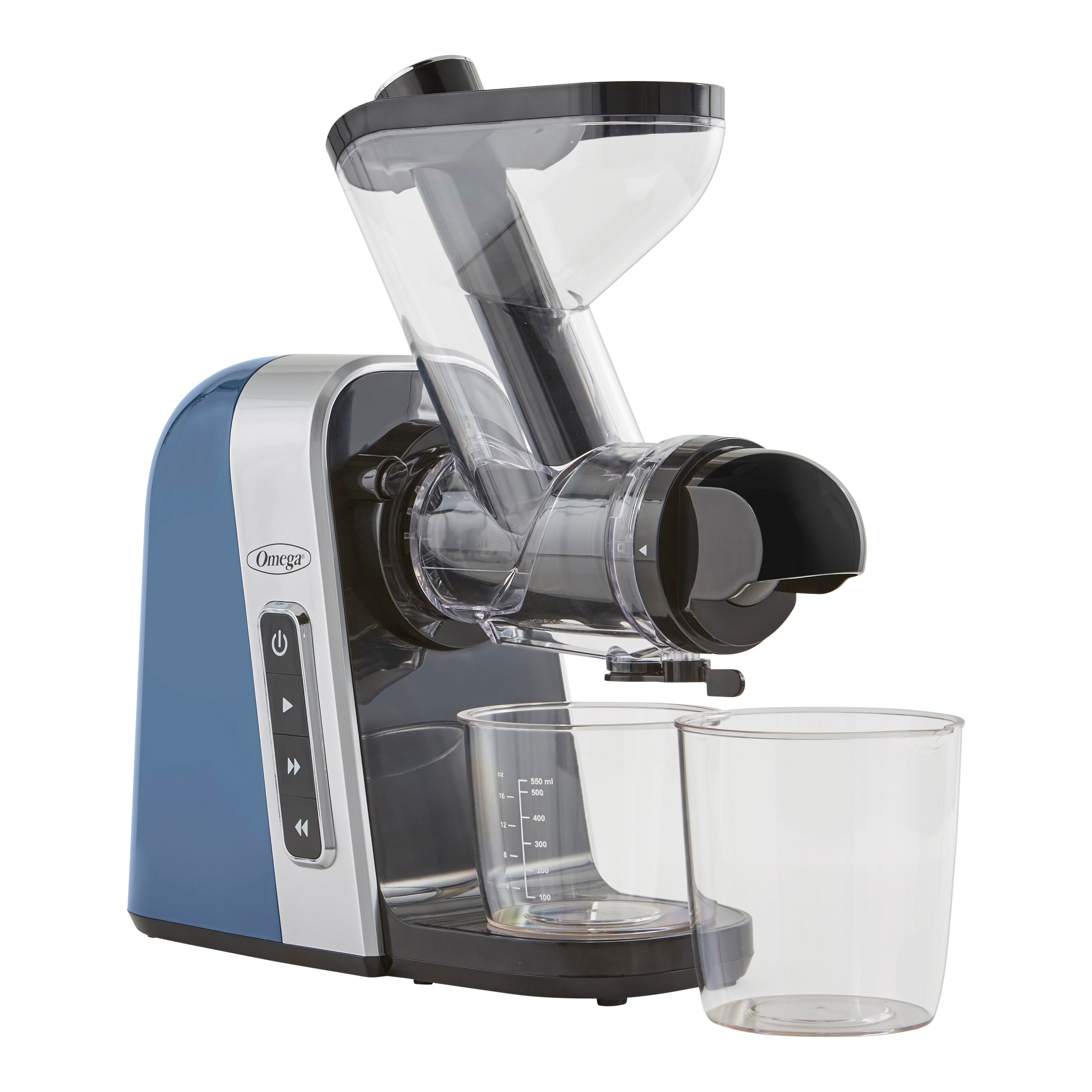 Omega Medical Medium 200W Blue BPA Free Slow Masticating Juicer with Wide Mouth Chute for Less Prep