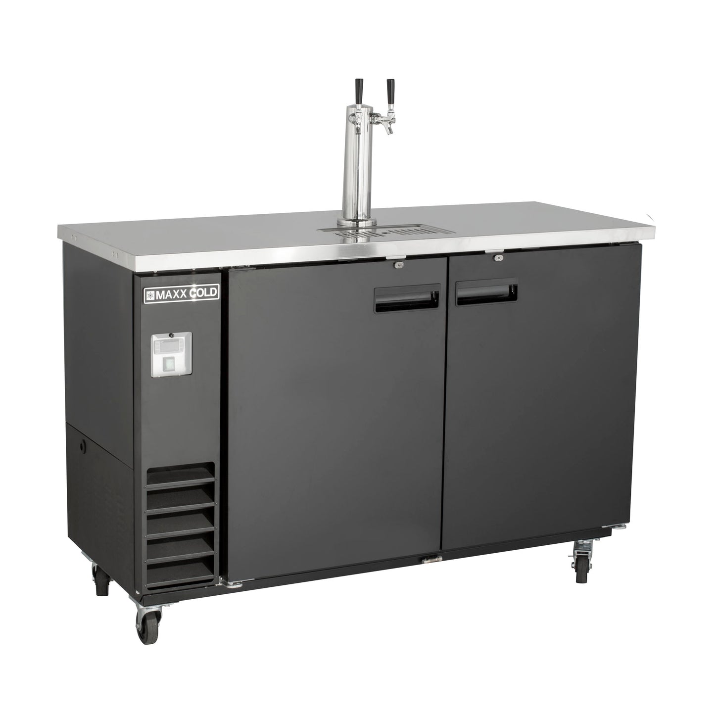 Maxx Cold X-Series Single Tower, 2 Tap Beer Dispenser, 61"W, 14.2 cu. ft. (402 L), 2 Barrels/Kegs Storage Capacity, in Black with Stainless Steel Top (MXBD60-1BHC)