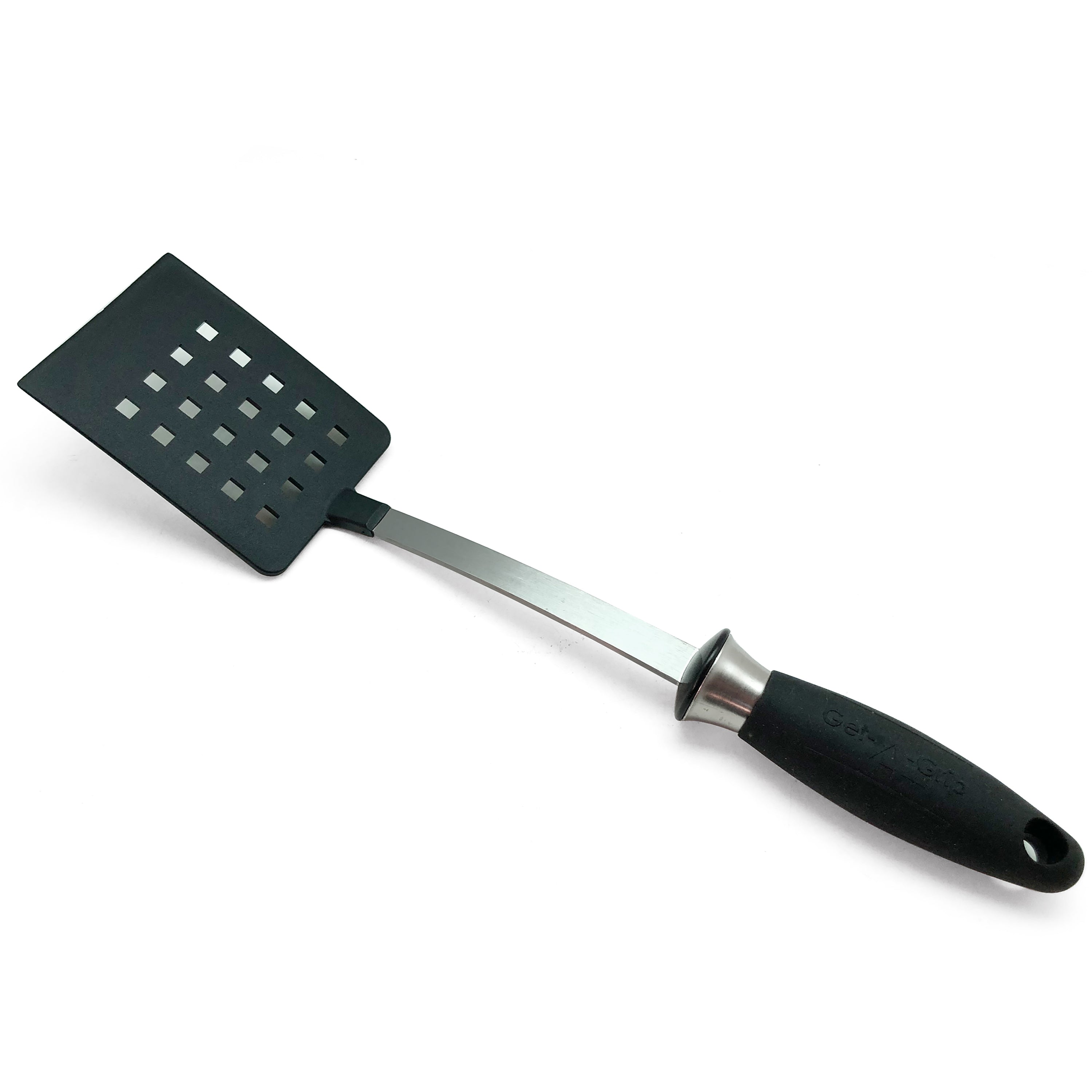 Adcraft Get-A-Grip Slotted Turner with Santoprene Handle, 14", in Stainless Steel/Black (GRP-14T)