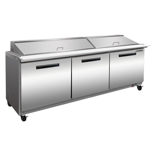 Maxx Cold X-Series Three-Door Refrigerated Mega Top Prep Table, 72"W, 18 cu. ft. Storage Capacity, in Stainless Steel (MXCR72MHC)