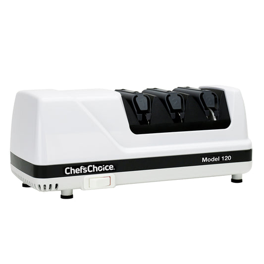 Chef'sChoice Model 120 3-Stage Professional Electric Knife Sharpener for 20 Degree Straight Edge and Serrated Knives, in White (0120000)