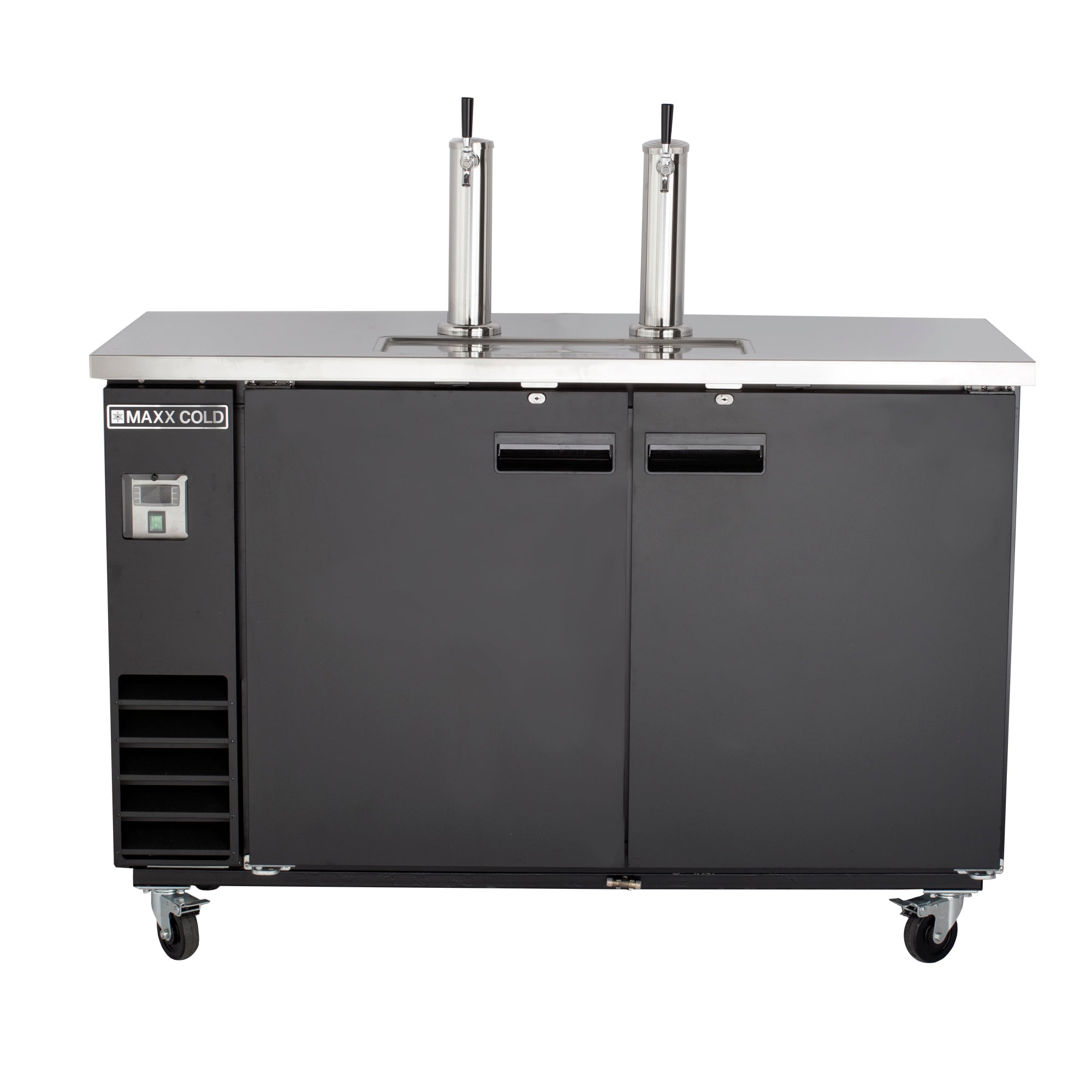 Maxx Cold X-Series Dual Tower, 2 Tap Beer Dispenser, 61"W, 14.2 cu. ft. (402 L), 2 Barrels/Kegs Storage Capacity, in Black with Stainless Steel Top (MXBD60-2BHC)