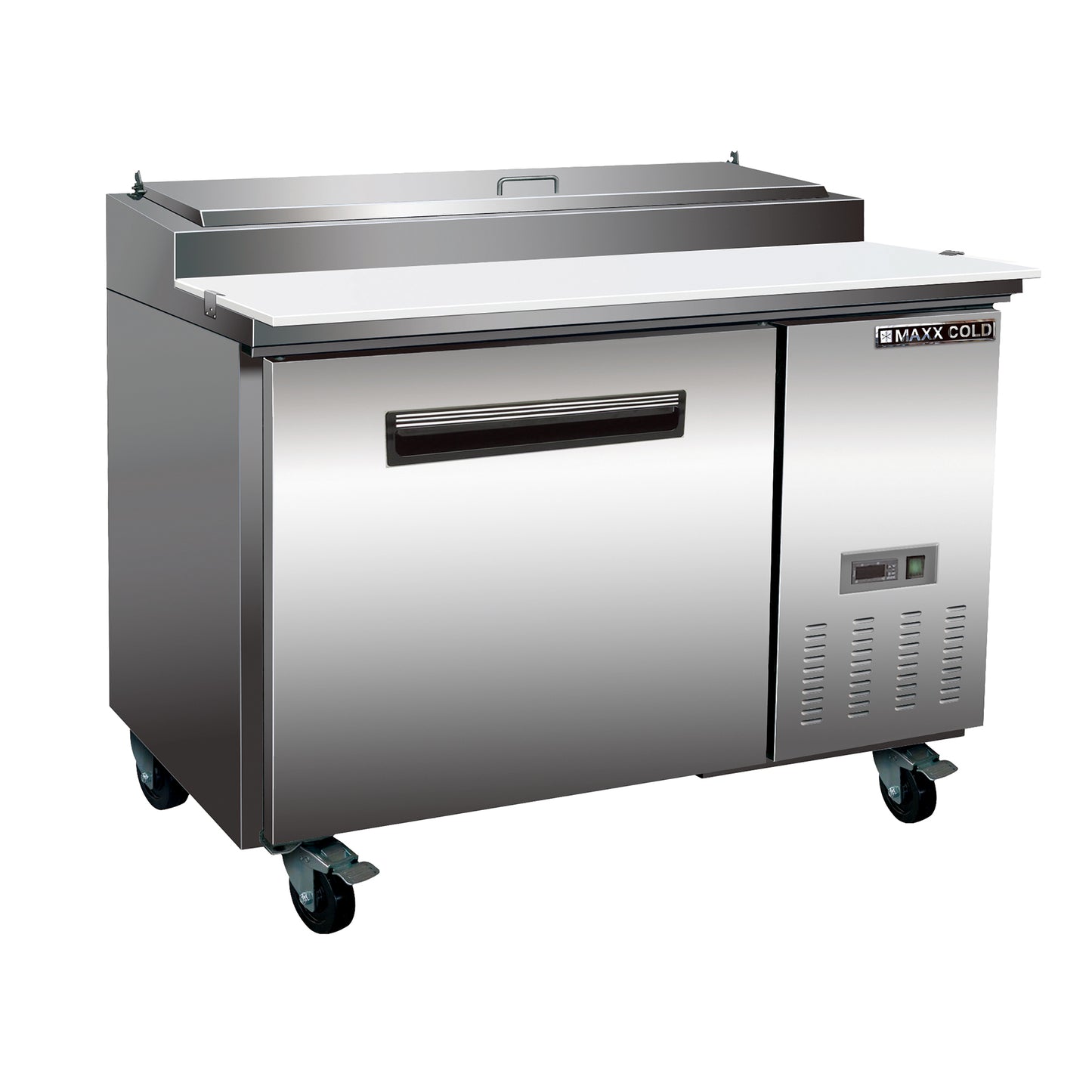 Maxx Cold X-Series One-Door Refrigerated Pizza Prep Table, 47.4"W, 12 cu. ft. Storage Capacity, Equipped with (6) 4" Deep Pans and Cutting Board, in Stainless Steel (MXCPP50HC)