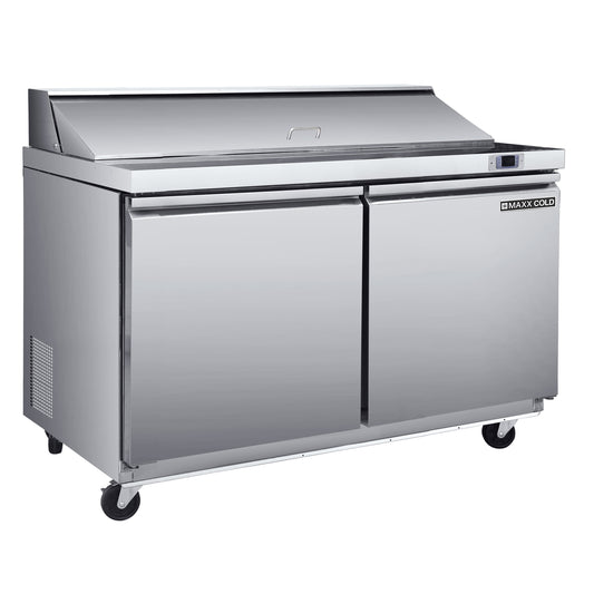 Maxx Cold Two-Door Refrigerated Sandwich and Salad Prep Station, 48.4"W, 13.77 cu. ft. Storage Capacity, Equipped with (6) 4" Deep Pans and Cutting Board, in Stainless-Steel (MXSR48SHC)