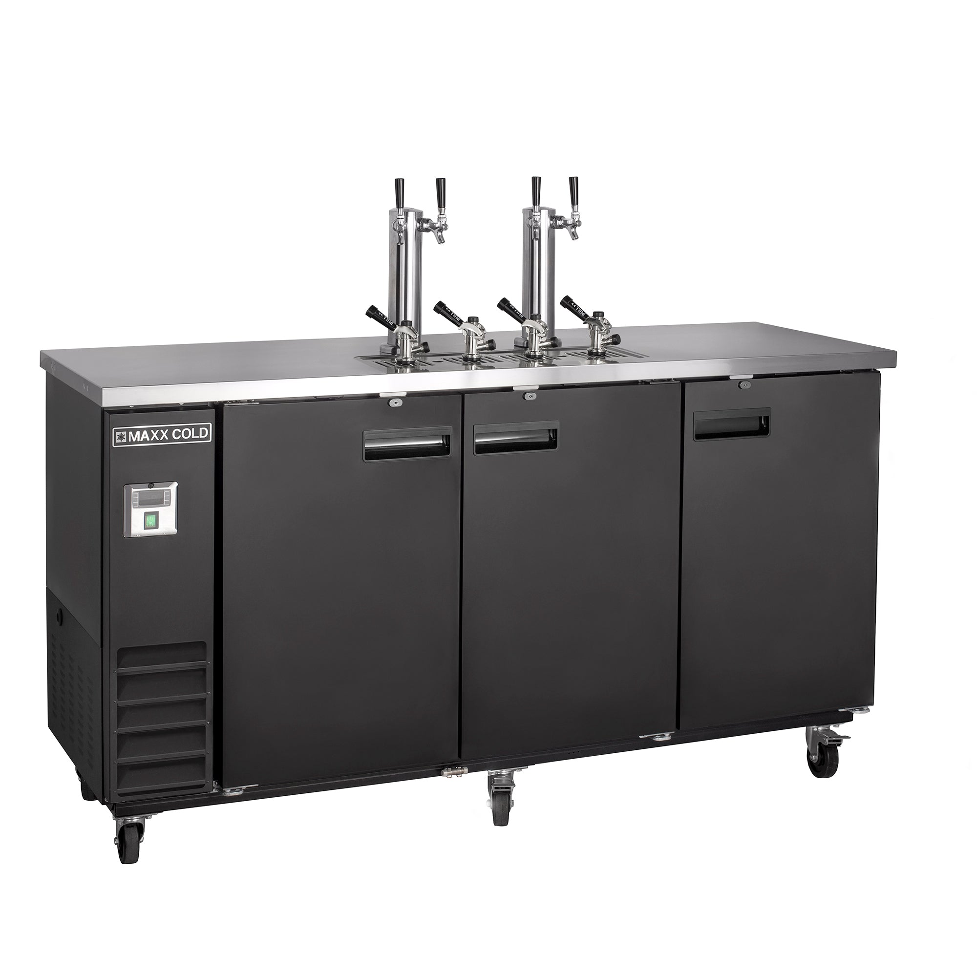 Maxx Cold X-Series Dual Tower, 2 Tap Beer Dispenser, 73"W, 17.3 cu. ft. (490 L), 3 Barrels/Kegs Storage Capacity, in Black with Stainless Steel Top (MXBD72-2BHC)