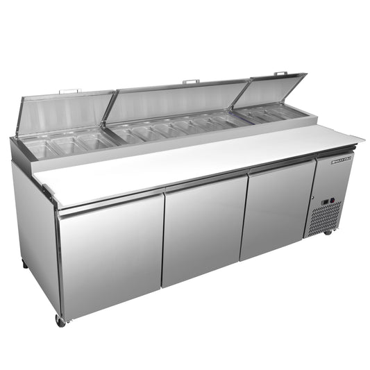 Maxx Cold Three-Door Refrigerated Pizza Prep Table, 92" W, 30.87 cu. ft. Storage Capacity, Equipped with (12) 4" Deep Pans and Cutting Board, in Stainless Steel (MXSPP92HC)