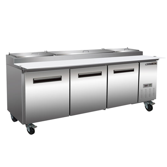 Maxx Cold X-Series Three-Door Refrigerated Pizza Prep Table, 94.2"W, 32 cu. ft. Storage Capacity, Equipped with (12) 4" Deep Pans and Cutting Board, in Stainless Steel (MXCPP92HC)